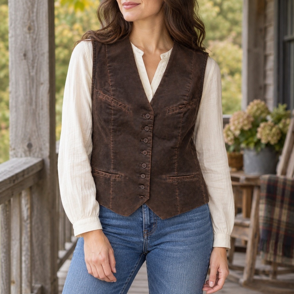 Sundance Womens 10 Corduroy Vest Brown Button Front Waistcoat Western Academia